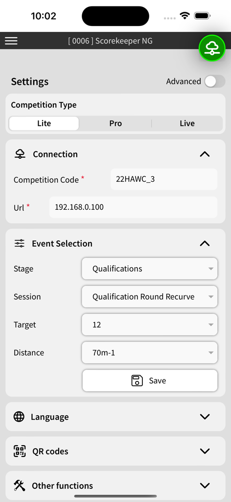 Ianseo Scorekeeper NG - Ianseo Scorekeeper NG settings screen showing competition and event selection details for an archery tournament