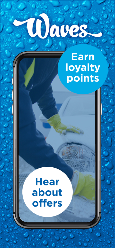 Waves Car Wash app screen featuring loyalty points and special offers for hand washing services