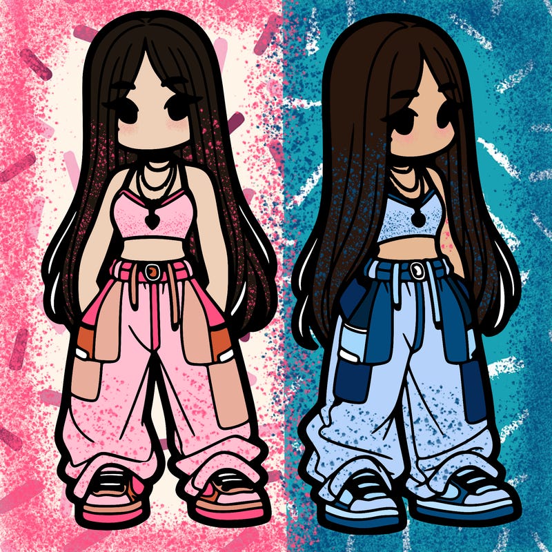 girl in baggy pants crop top and long hair