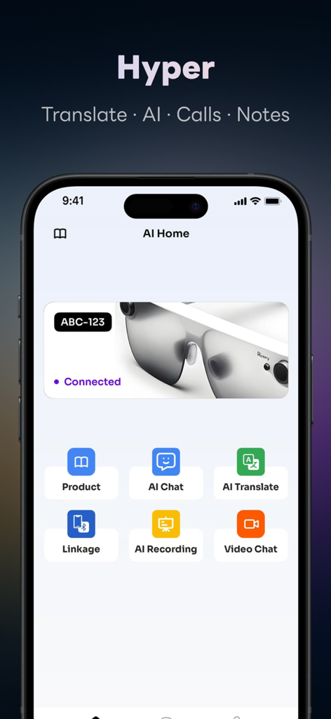 Hyper - AI Assistant - Pantalla de inicio de la aplicación Hyper AI Assistant que muestra funciones de traducción, chat y grabación con conectividad de dispositivo inteligente