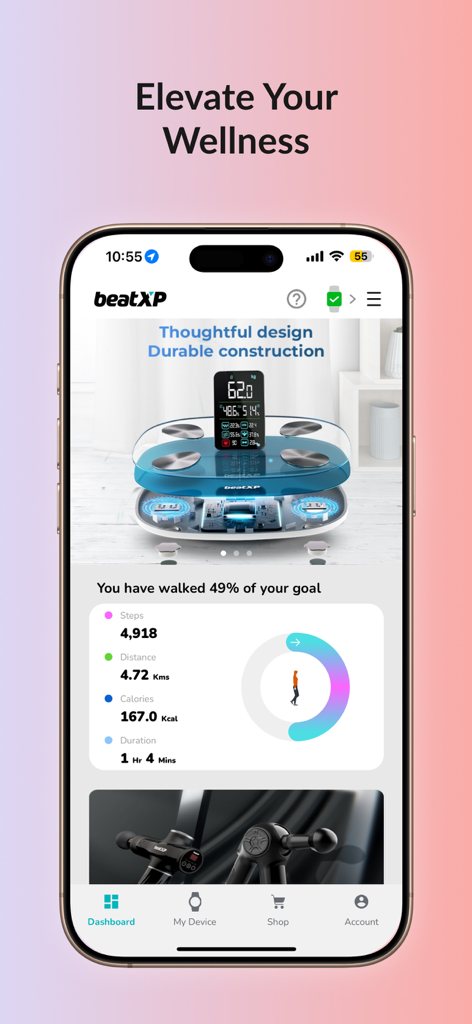 beatXP FIT/TRAK (official app) - beatXP FIT app dashboard showing daily walking progress, steps, calories, and BMI scale integration