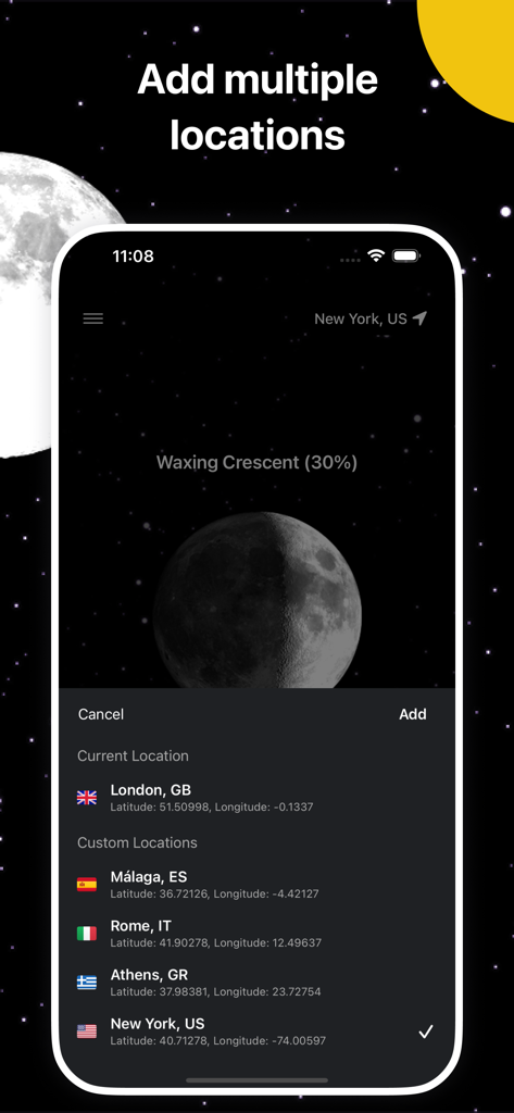Moon Phase: Lunar Calendar - Una pantalla de smartphone que muestra la función de la aplicación Fase Lunar para agregar múltiples ubicaciones globales como Londres, Roma y Nueva York, junto con una visualización 3D de una luna creciente.