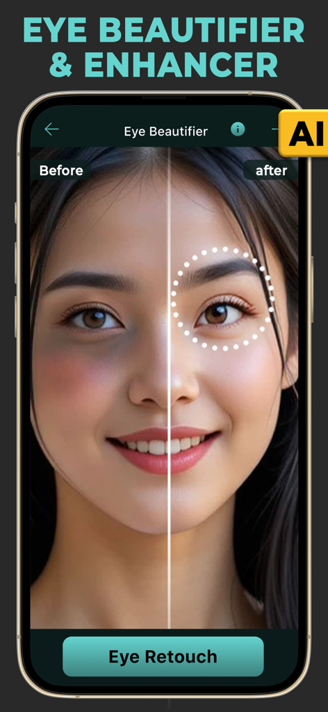 AI目のレタッチ機能による、目の下のクマ除去の、比較前後の表示