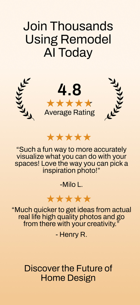 Remodel AI - Home Design - Témoignages d'utilisateurs de l'application Remodel AI et affichage de la note moyenne de 4,8 étoiles.