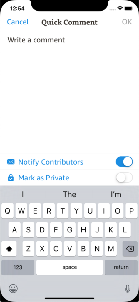 Amazon WorkDocs - Interface of the Amazon WorkDocs mobile app showing the quick comment feature with an active keyboard