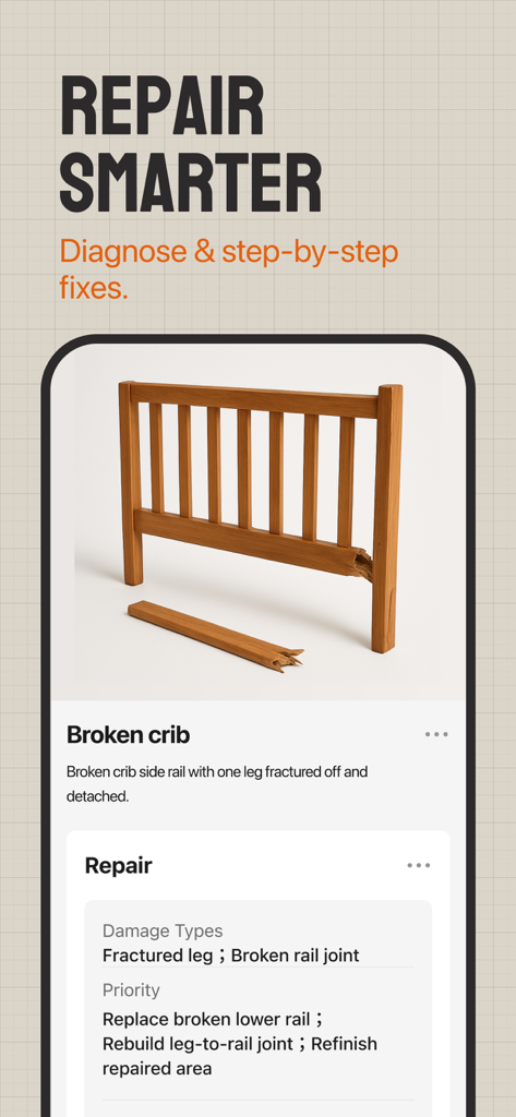 WoodSense: Craft & Identifier - WoodSenseアプリのスクリーンショット。壊れた木製のベビーベッドの診断と修理プランが表示されています