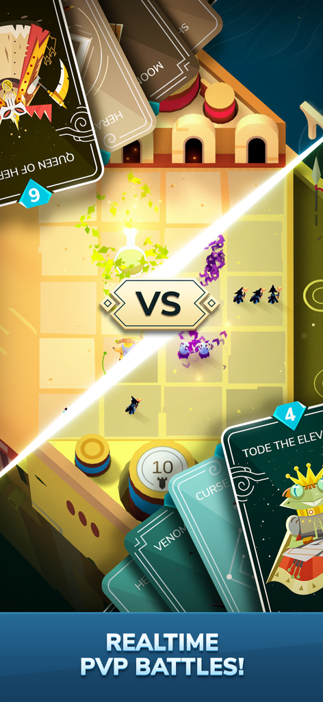 Capture d'écran du gameplay de Stormbound montrant une bataille JcJ tactique en temps réel sur un plateau basé sur une grille avec des cartes à collectionner.