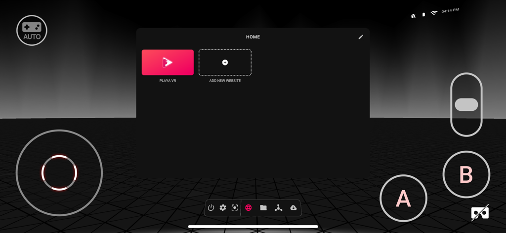 PLAY'A - PLAYA VR app home screen showing the dashboard and virtual navigation controls.