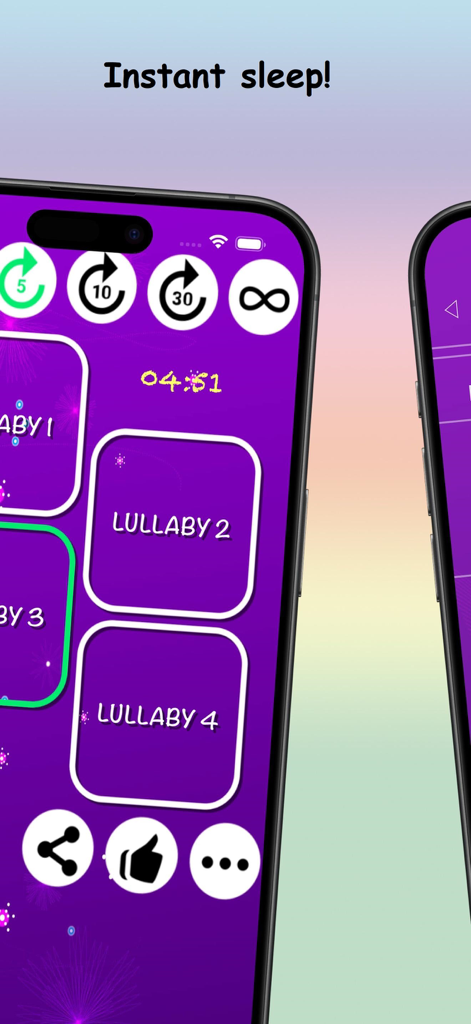 Interfaz de aplicación móvil para nanas de bebé con opciones de temporizador de sueño y botones de selección de música.