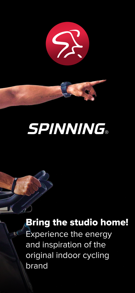 Spinning Indoor Cycling - Tela inicial do aplicativo Spinning apresentando o logotipo da marca e o slogan Traga o estúdio para casa.