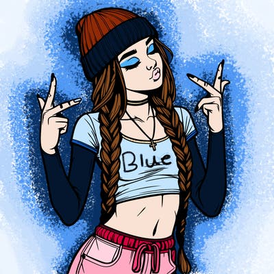 realistic teenage girl with braids and a beanie and crop top doing 🫶🏼