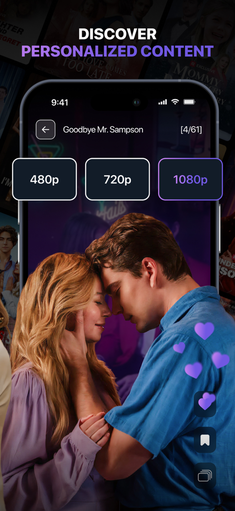 Watch Drama - TV Series Daily - ロマンスシリーズの1080pなどのビデオ解像度オプションを示すWatch Dramaのモバイルアプリインターフェイス。