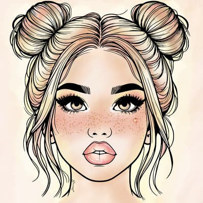 realistic girl with two buns on her hair and lips