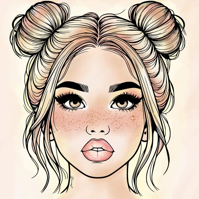 realistic girl with two buns on her hair and lips