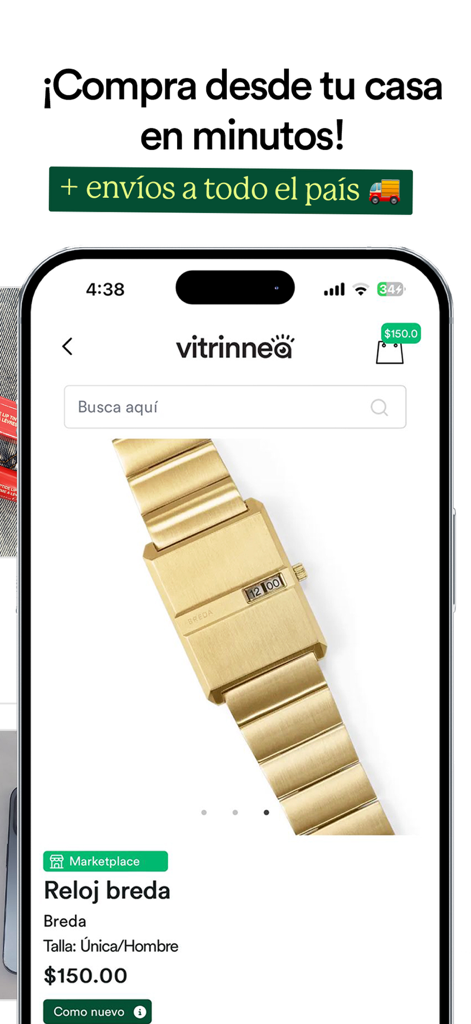 Vitrinnea - Página de producto de la aplicación Vitrinnea que muestra un reloj Breda dorado en venta con envío a todo el país.