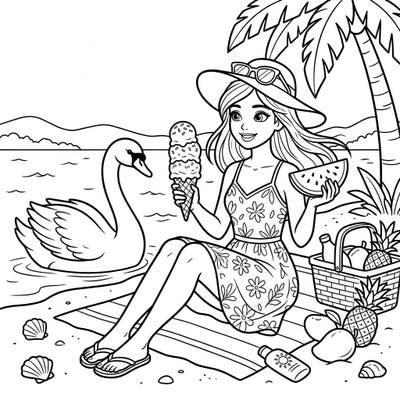 Unwind with this delightful Odette (Swan Queen) coloring page, capturing a perfect summer day by the water. Featuring a refreshing ice cream, juicy watermelon, and tropical treats, it's an ideal escape for any coloring enthusiast.
