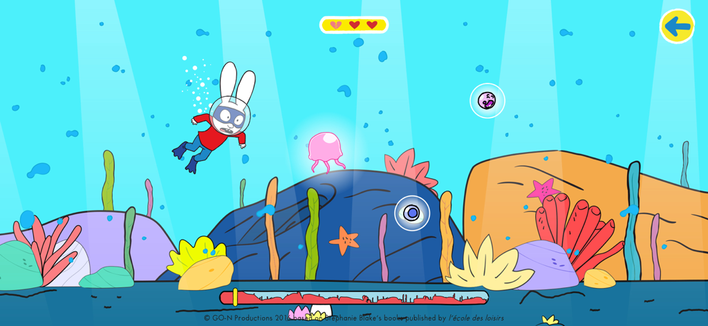 Simon Super Rabbit Vs Pr. Wolf - ダイビングマスクをつけたスーパーサイモンが水中を泳ぎ、ビー玉を集め、ピンクのクラゲを避ける様子