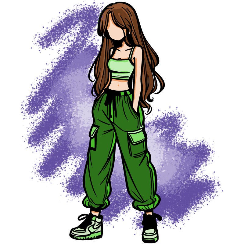 girl in baggy pants crop top and long hair