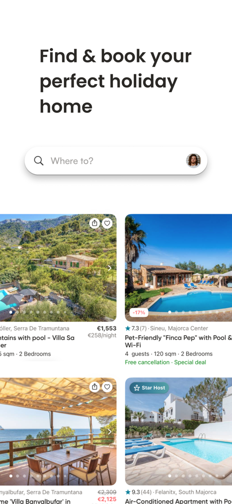 Holidu: Vacation Rentals - マヨルカ島の認証済みホリデーホームを価格と評価付きで表示するHoliduアプリの検索インターフェース