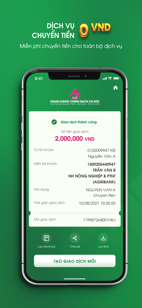 Um recibo de transferência de dinheiro bem-sucedido no aplicativo móvel VBSP SmartBanking mostrando uma transação de 2.000.000 VND