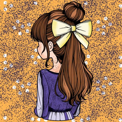 realistic girl  with hip length hair a bun and a big bow on the back of head