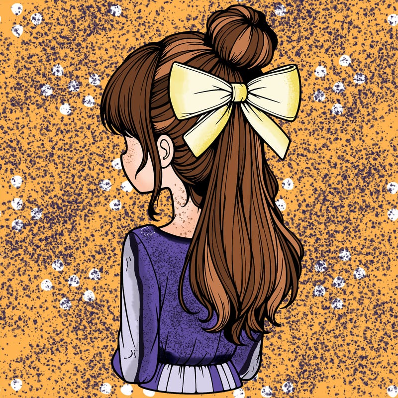 realistic girl  with hip length hair a bun and a big bow on the back of head