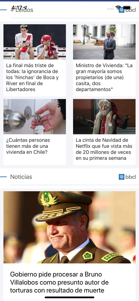 App mobile Radio Bio Bio che mostra un feed di notizie con articoli su sport, politica e intrattenimento