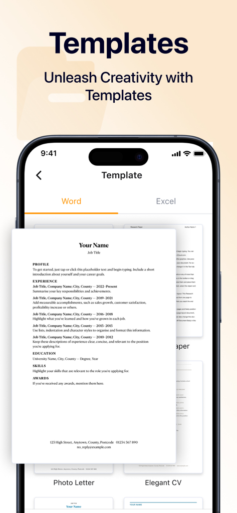 iPhone-Bildschirm, der professionelle Lebenslauf- und Dokumentvorlagen in der Office Word App anzeigt