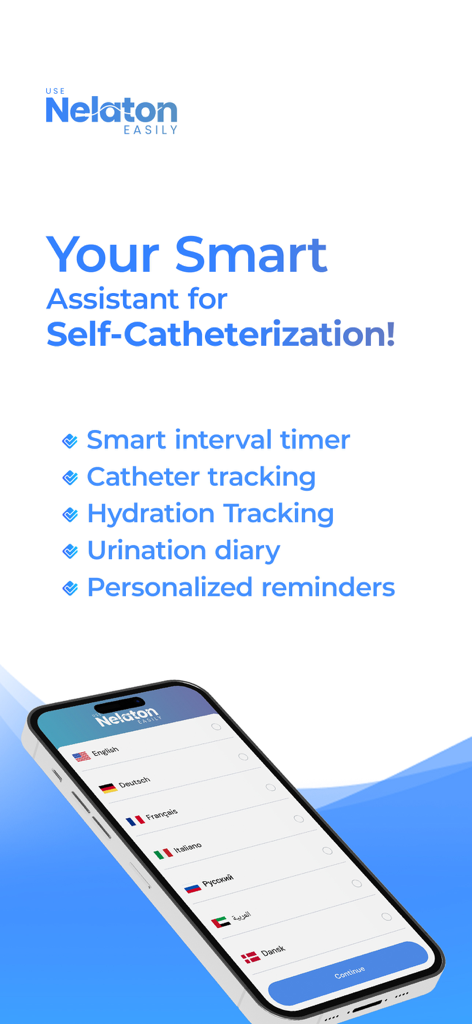 Nelaton: Self-Catheterization - Nelaton app introduction screen listing features like smart interval timer, catheter tracking, and hydration tracking next to an iPhone displaying a language selection menu.