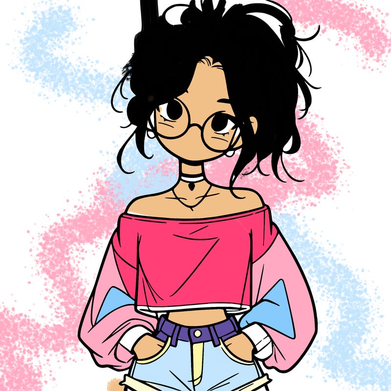 girl with a messy ponytail glasses a baggy crop top and jean shorts