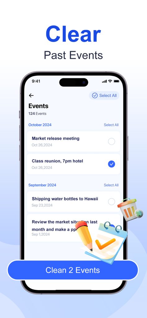 Turbo Cleaner: Clean Storage - iPhone screenshot of Turbo Cleaner app showing the feature to clear past calendar events to free up space.