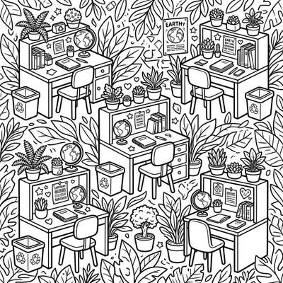 Dive into an eco-conscious coloring experience with our Earth Day Bedroom Desks design. This intricate page features multiple study spaces adorned with nature-inspired elements and recycling motifs, perfect for mindful coloring.