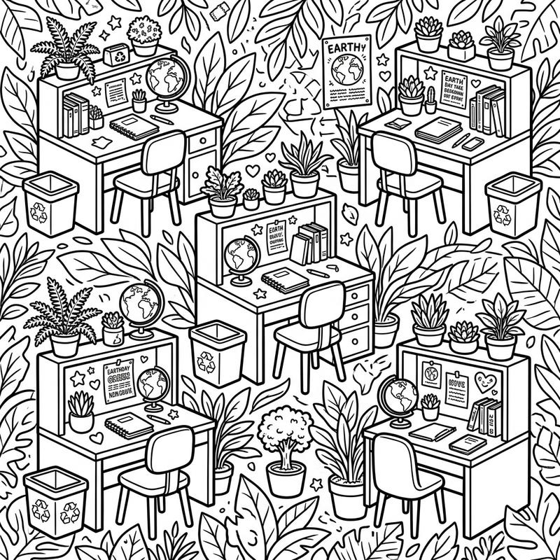 Dive into an eco-conscious coloring experience with our Earth Day Bedroom Desks design. This intricate page features multiple study spaces adorned with nature-inspired elements and recycling motifs, perfect for mindful coloring.