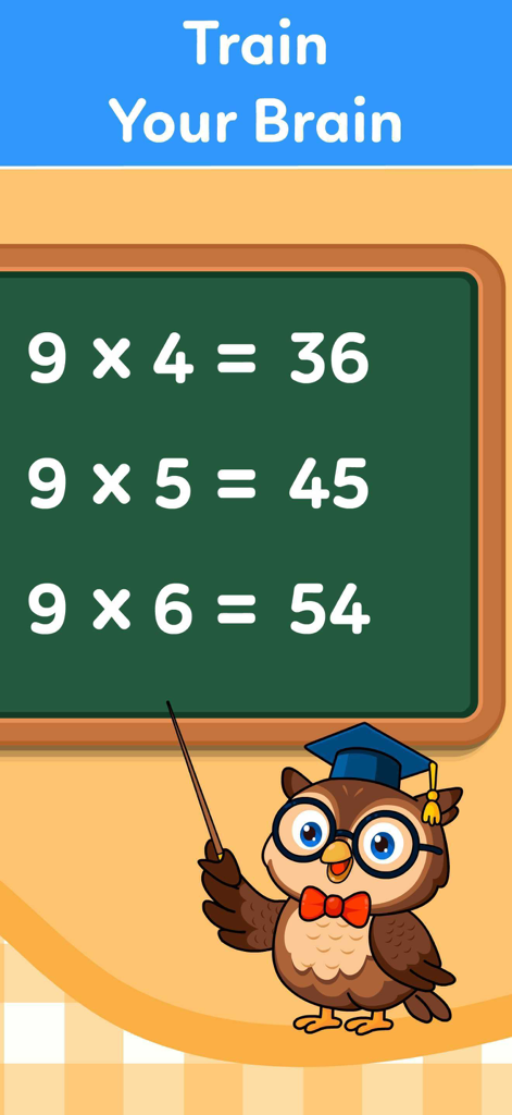 Multiplication Games For Kids+ - An owl teacher showing multiplication tables on a green chalkboard
