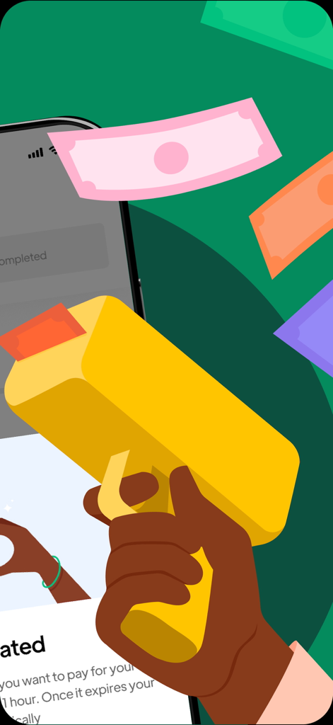 Chowdeck | Food Delivery - A cartoon illustration of a hand holding a yellow money gun shooting banknotes in front of a mobile phone screen.