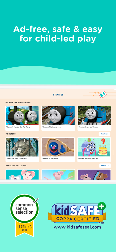 Screenshot of HOMER app showing a library of ad-free educational stories for kids with characters like Thomas the Tank Engine and kidSAFE certification badges