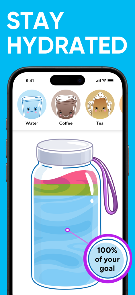 Water Tracker by Water.Mate - Water Mate app interface showing a 100 percent hydration goal completion with cute drink icons