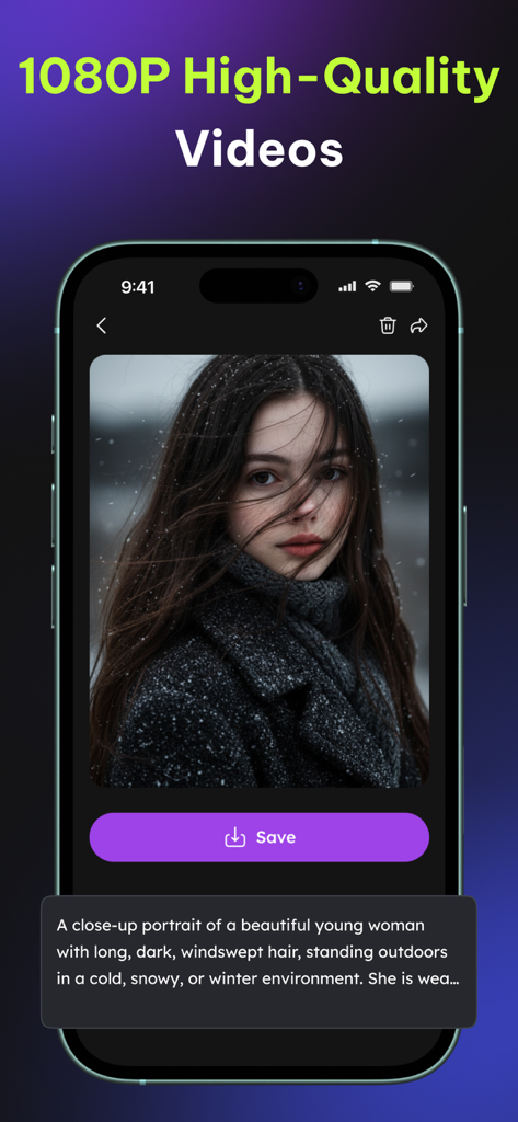 Pixie: AI Photo & Video Editor - Interfaz de la aplicación Pixie AI que muestra la generación de vídeo 1080p de alta calidad de una mujer en un entorno nevado con una indicación de texto