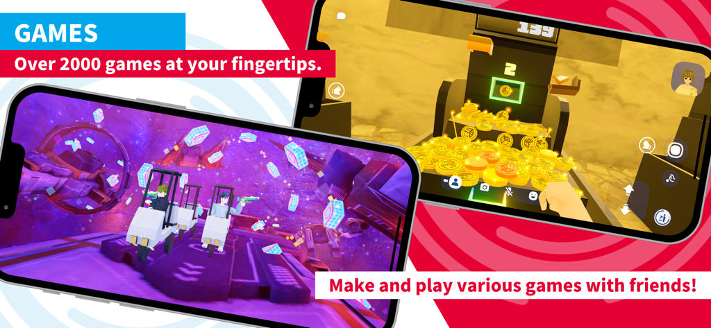 Cluster - Chat, Talk & Game - Clusterメタバースアプリのさまざまなミニゲームを示す2台のスマートフォン