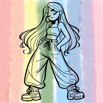 girl in baggy pants crop top and long hair