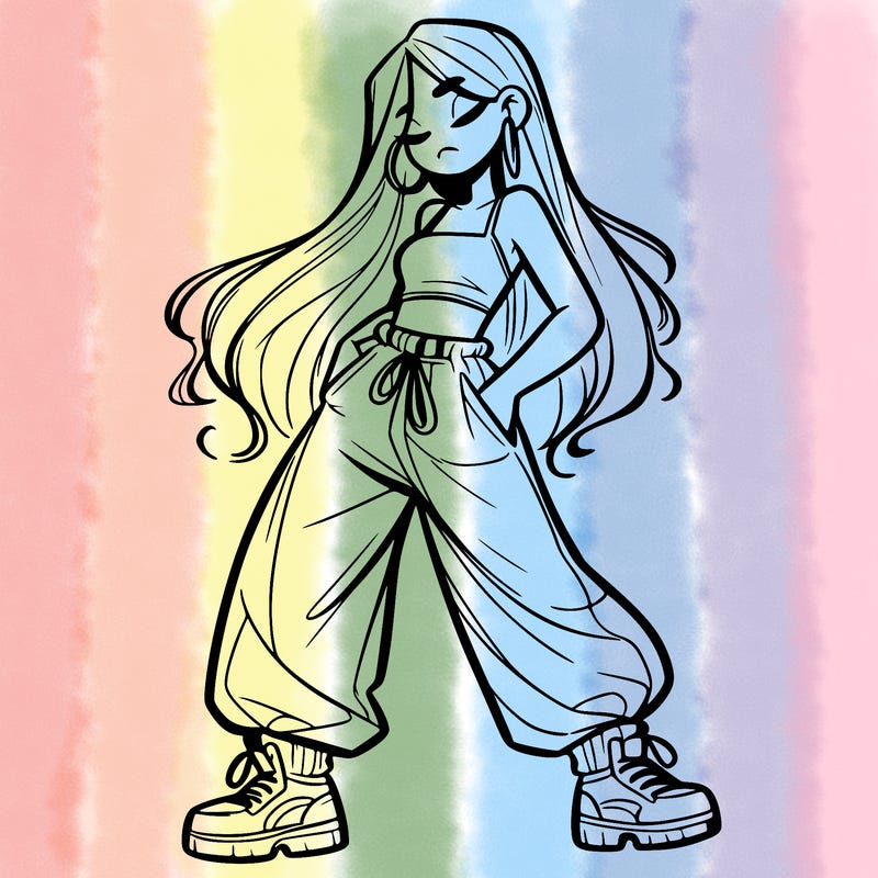 girl in baggy pants crop top and long hair