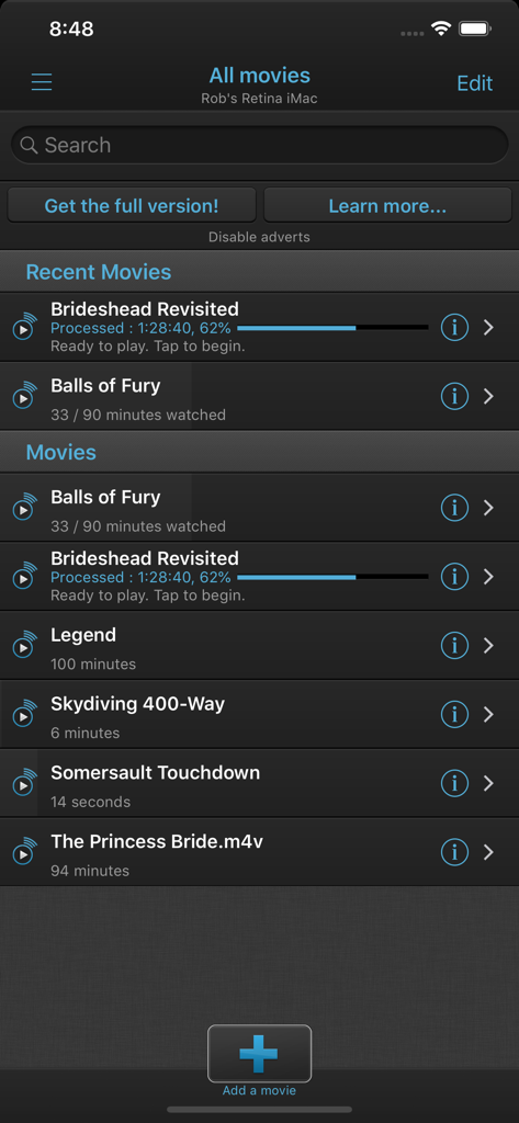La aplicación VLC Streamer muestra una lista de películas disponibles para transmitir desde una computadora