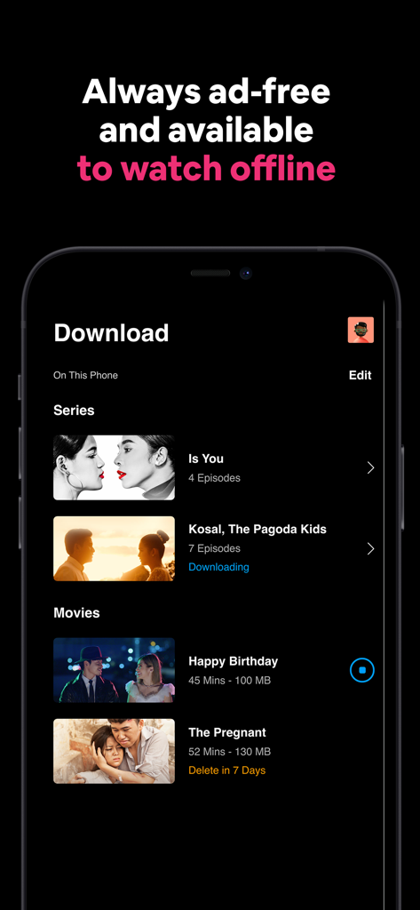 Sastra Film mobile app interface showing downloaded Cambodian movies and series for offline viewing