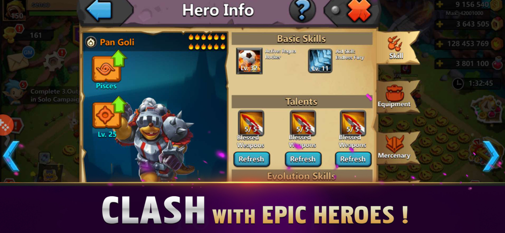 Clash of Lords 2: Guild Castle - Hero Info screen in Clash of Lords 2 featuring character Pan Goli with skill and talent details