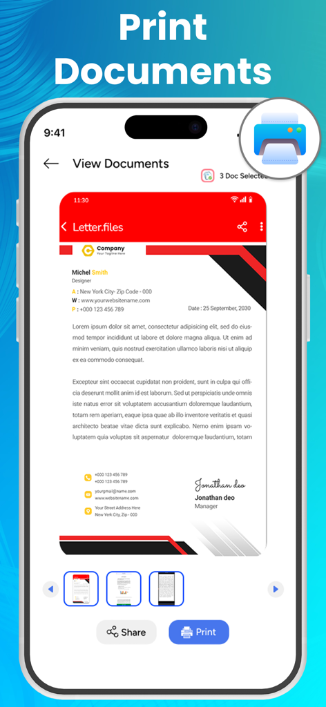Interfaz de la aplicación Smart Printer mostrando una vista previa de un documento comercial con opciones de impresión y uso compartido en un smartphone