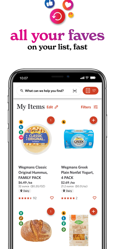 Wegmans - Wegmans app screen showing the My Items section with personalized grocery products like hummus and yogurt