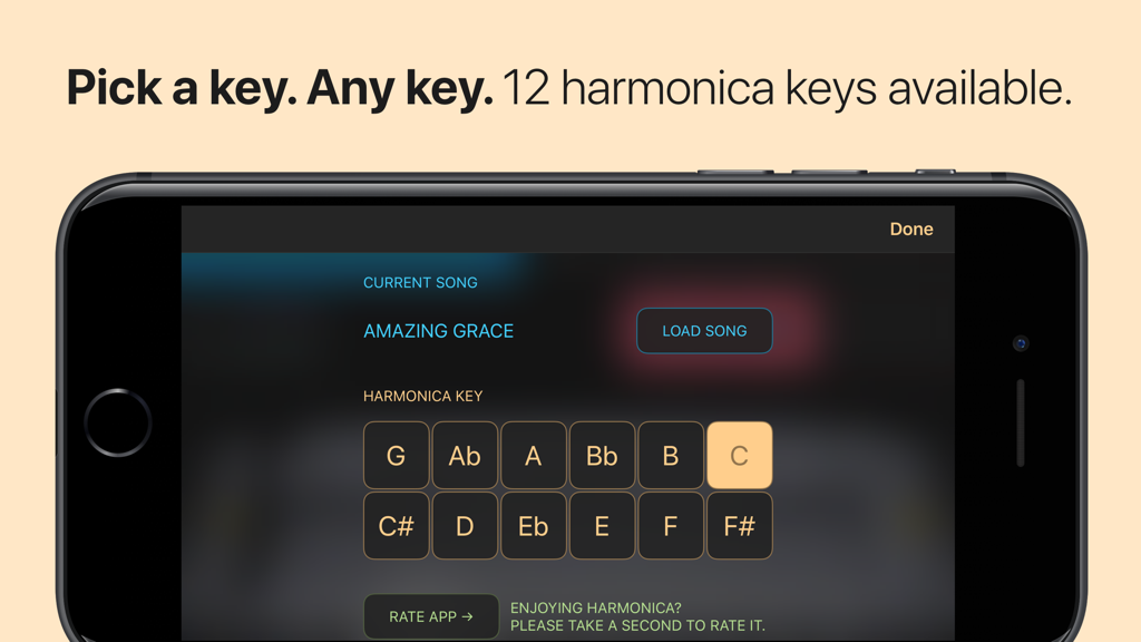 Harmonica - An iPhone screen displaying the Harmonica app's key selection menu with twelve different musical keys available.