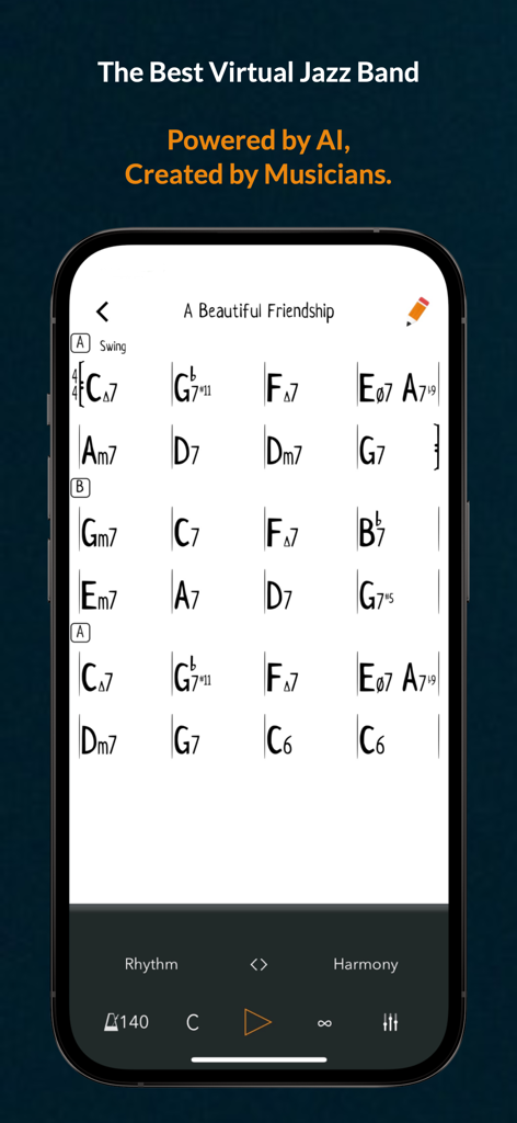 Genius Jamtracks - Genius Jamtracks mobile app interface showing a jazz chord chart and practice controls