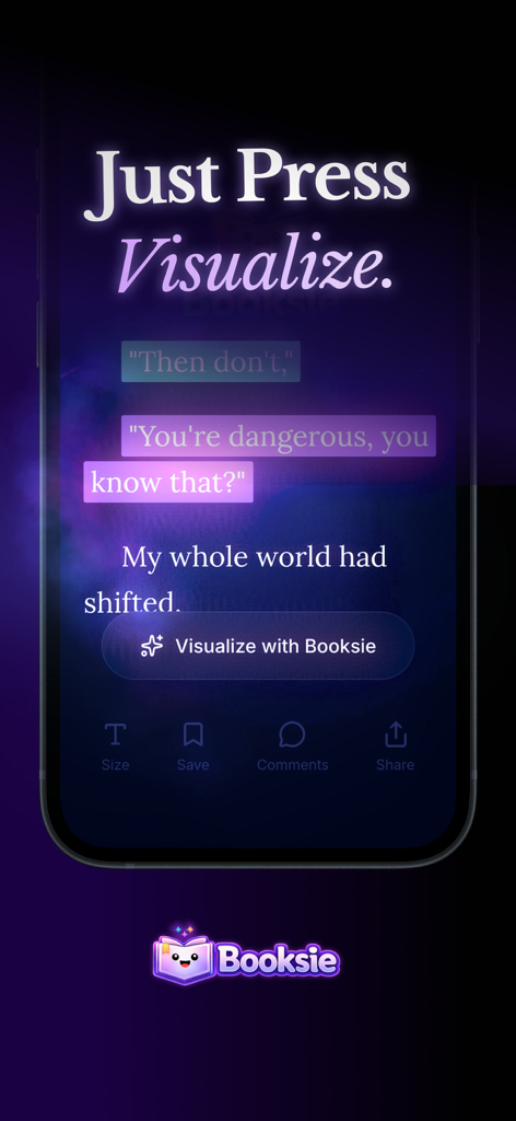 Booksie - Screenshot of the Booksie app showing a story passage and a button to visualize the scene using AI.