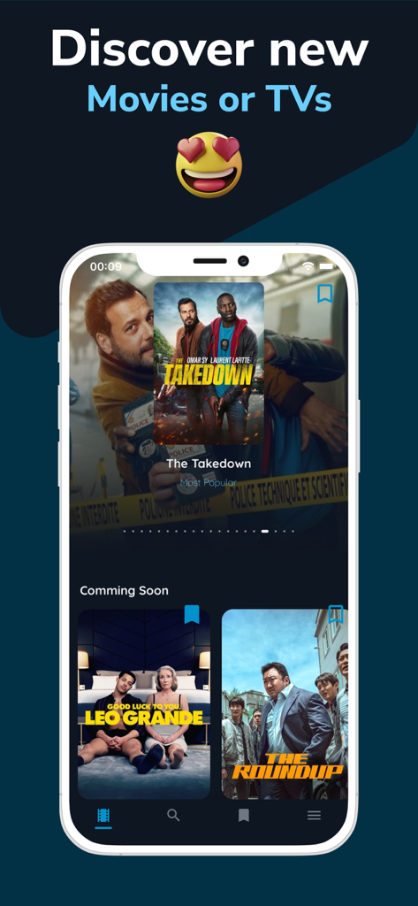Movie Max app interface displaying featured movie titles like The Takedown and coming soon section